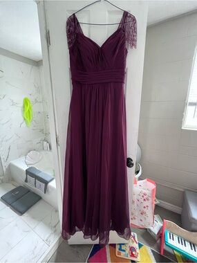 Deep Maroon Chiffon Wedding Bridesmaid with Lace and beaded Cap Sleeves